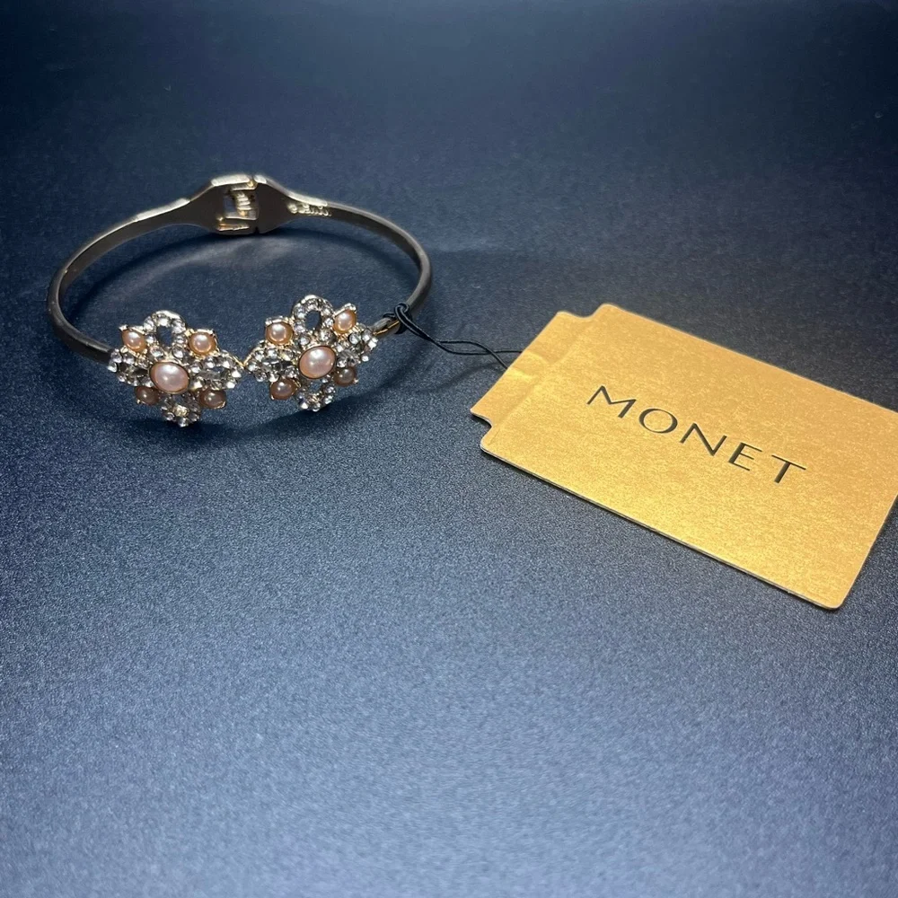 Monet Gold Tone Floral Crystal Bracelet with Pink Pearls - Picture 2 of 7